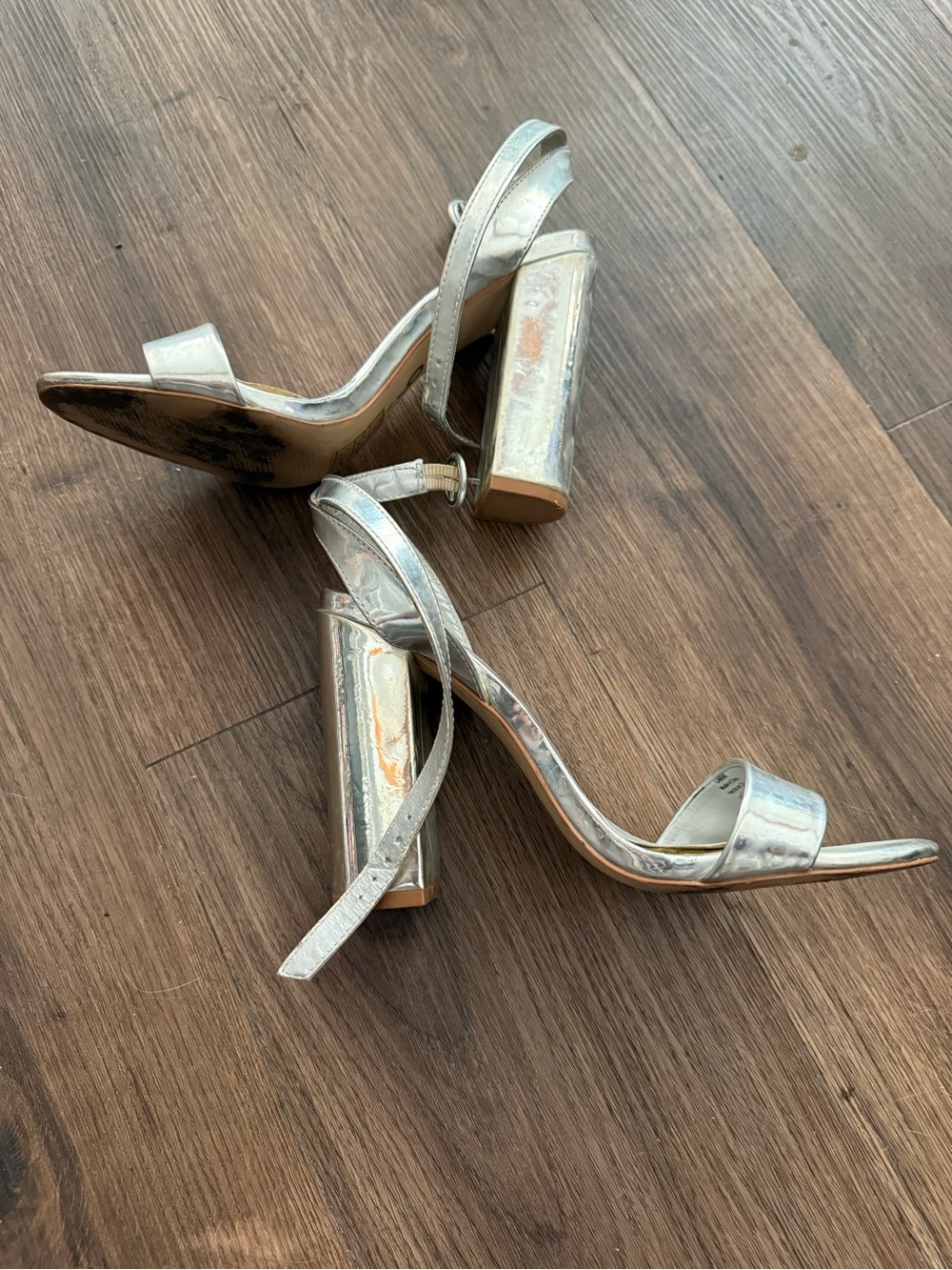 Metallic Silver Block Heel Ankle-Strap Sandals - Women size 7.5-8